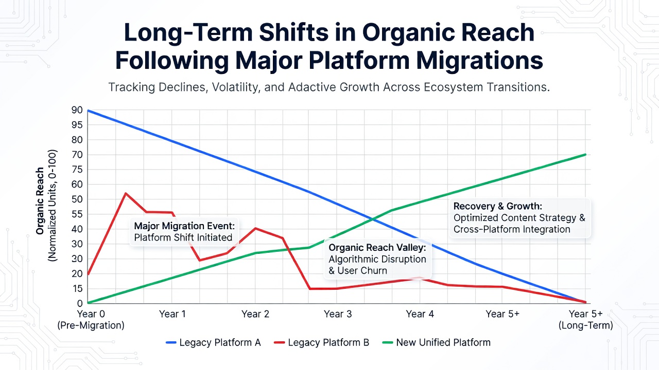 Timeline chart illustrating organic reach recovery rates across different regions after platform migrations